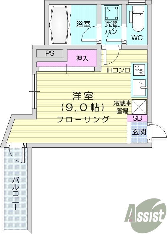 1R、ウォークインクローゼット、バストイレ別
