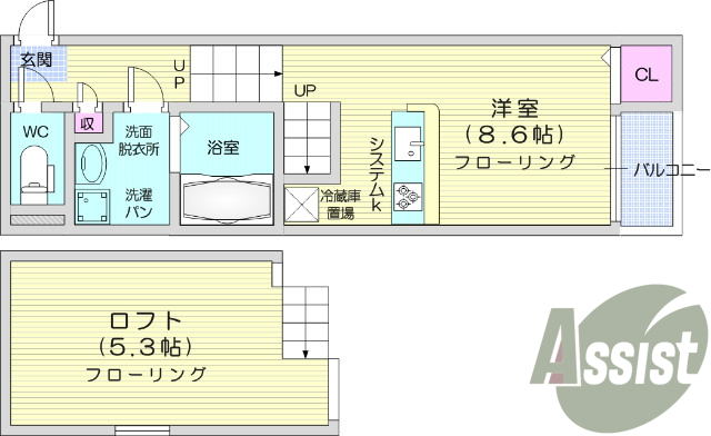 1K、ロフト付き、温水洗浄便座、浴室乾燥機、独立洗面台