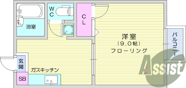 1K、フローリング、浴室乾燥機、浴室暖房、室内物干し、給湯