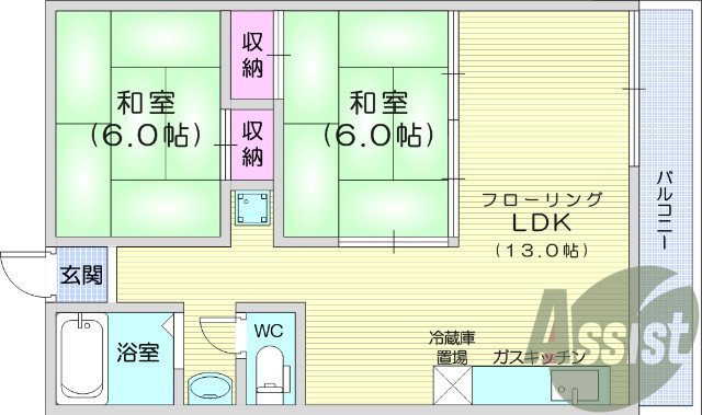 2LDK、フローリング、バストイレ別、エアコン