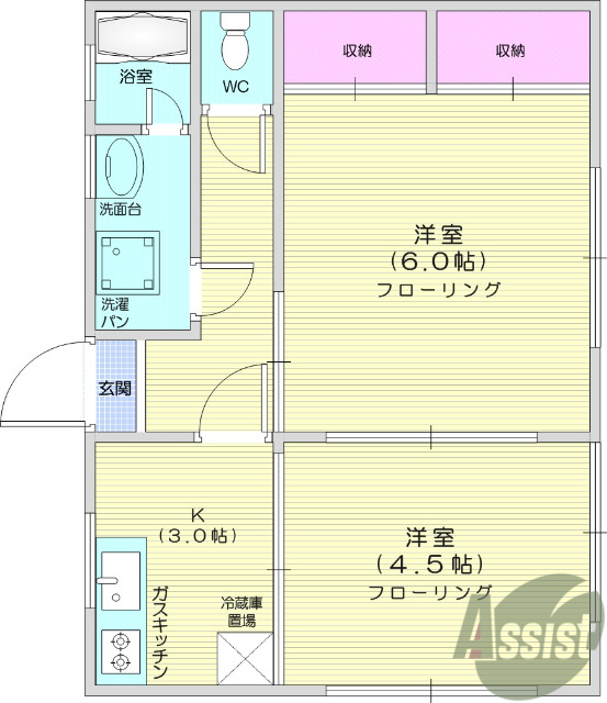 ２K、角部屋、都市ガス、洗面所、洗面台、エアコン