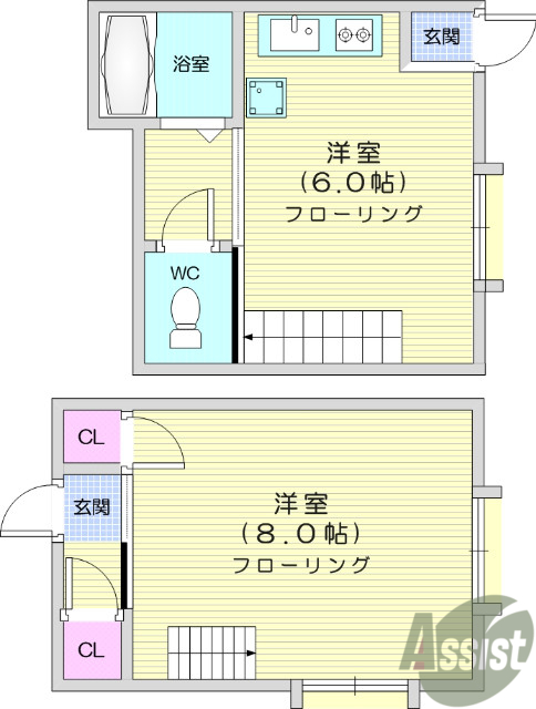 1DK、エアコン2台、プロパンガス、メゾネット、給湯器