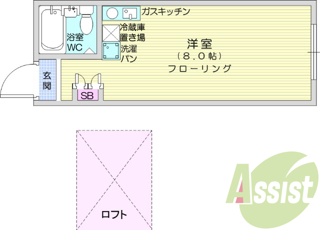 1R、ロフト付き、角部屋、プロパン、給湯、エアコン