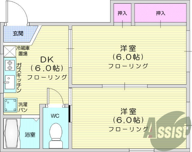 ２DK、バス・トイレ別、洗濯機置場室内、バルコニー