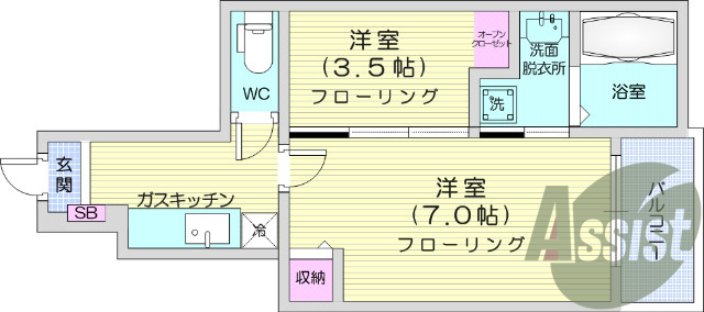 1SK、バストイレ別、シャワー付き洗面台、浴室乾燥機