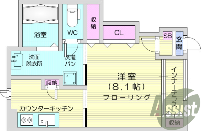 1K、独立洗面台、モニター付きインターホン