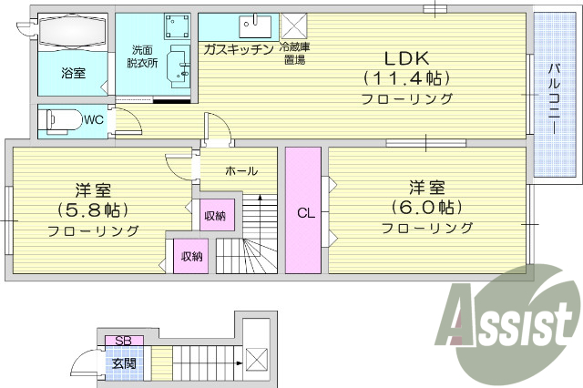 2LDK、バストイレ別、追い焚き機能、浴室乾燥機、エアコン