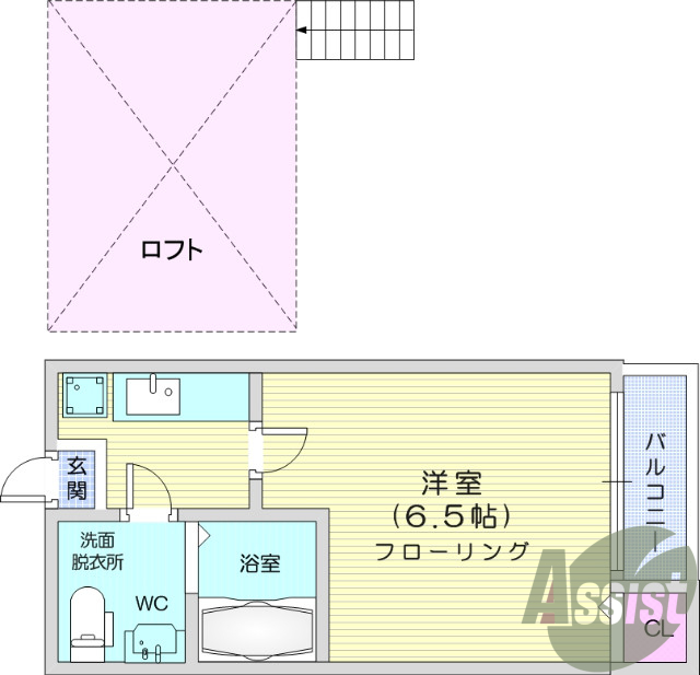 1K、デザイナーズ、ロフト、バストイレ別、洗面台、エアコン