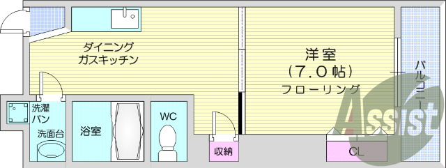 １DK、都市ガス、独立洗面台、エアコン、バルコニー