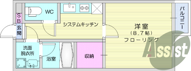 １K、モニター付きインターホン、システムキッチン