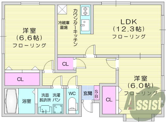 2LDK、バス・トイレ別、追い焚き機能、シャンプードレッサー