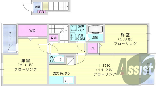 2LDK、フローリング、独立洗面、エアコン