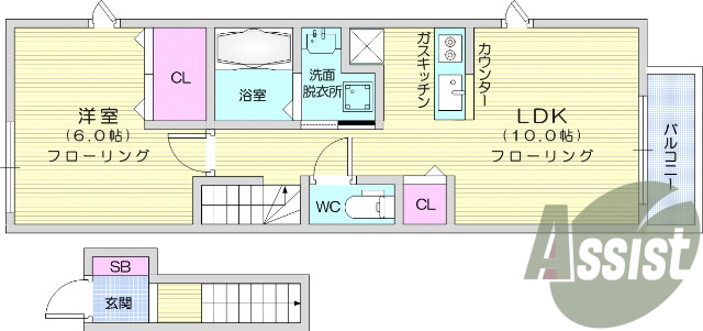１LDK、フローリング、エアコン、バルコニー