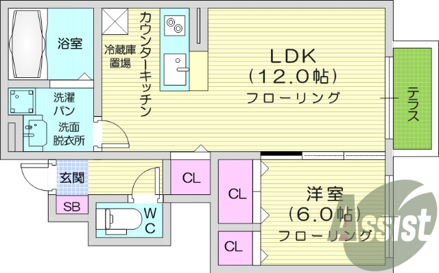 1LDK、バストイレ別、ウォシュレット、対面キッチン