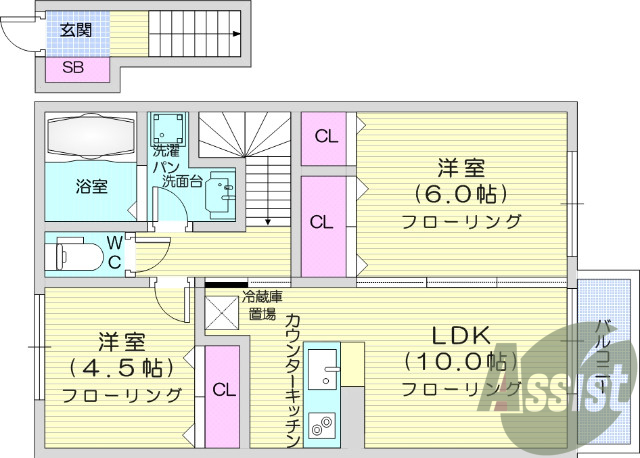 2LDK、バストイレ別、ウォシュレット、対面キッチン