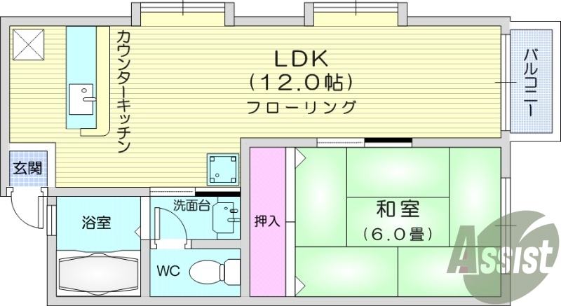1LDK、独立洗面台、バルコニー、角部屋