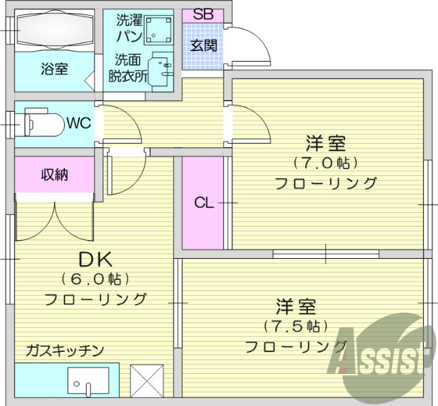 2DK、エアコン、室内洗濯機置場、トイレ浴室別、クローゼット