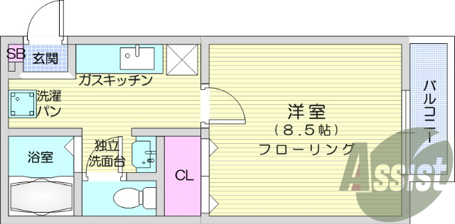 1K、エアコン、室内洗濯機置場、給湯、収納