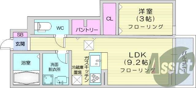 1LDK、バストイレ別、TVインターホン