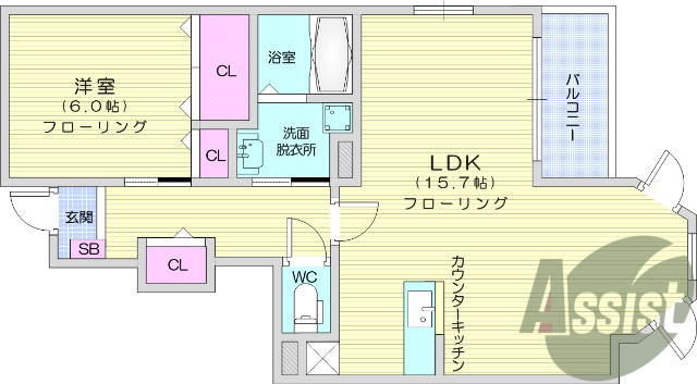 1LDK、フローリング、エアコン、クローゼット