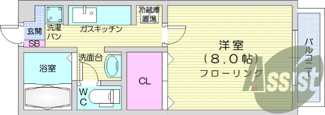1K、エアコン、居室照明、洗面台独立、バストイレ別