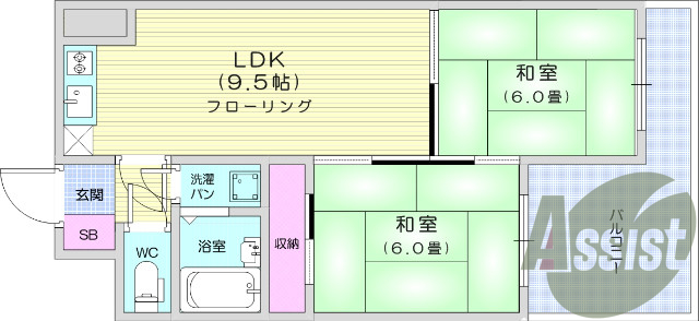 2LDK、2面バルコニー、エアコン2台、システムキッチン