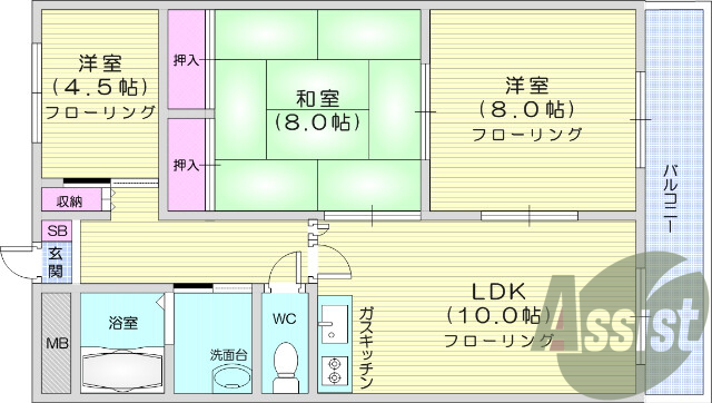 2LDK、バストイレ別、追い焚き機能、洗面所独立