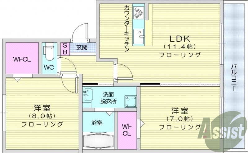 2LDK、エアコン室内洗濯機置場、トイレ浴室別、クローゼット