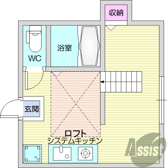 1K、ペット相談、ロフト、風呂トイレ別、洗面台、フローリング