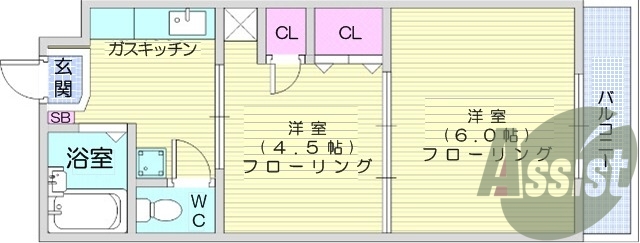 2K、エアコン、バストイレ別、バルコニー