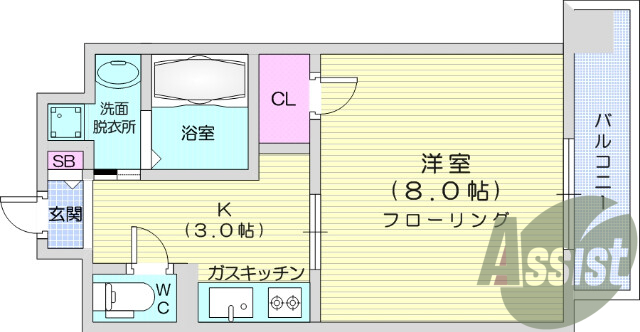 1K、バストイレ別、ウォークインクローゼット。