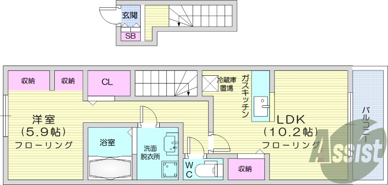 1LDK、追炊き機能浴室、浴室乾燥機付き