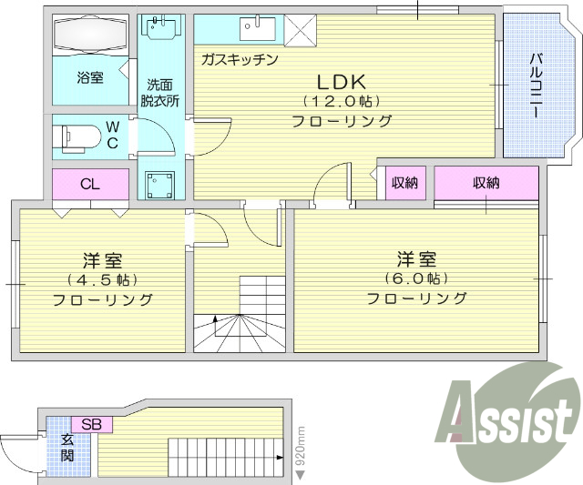 2LDK、追い焚き、独立洗面台、プロパンガス、バルコニー