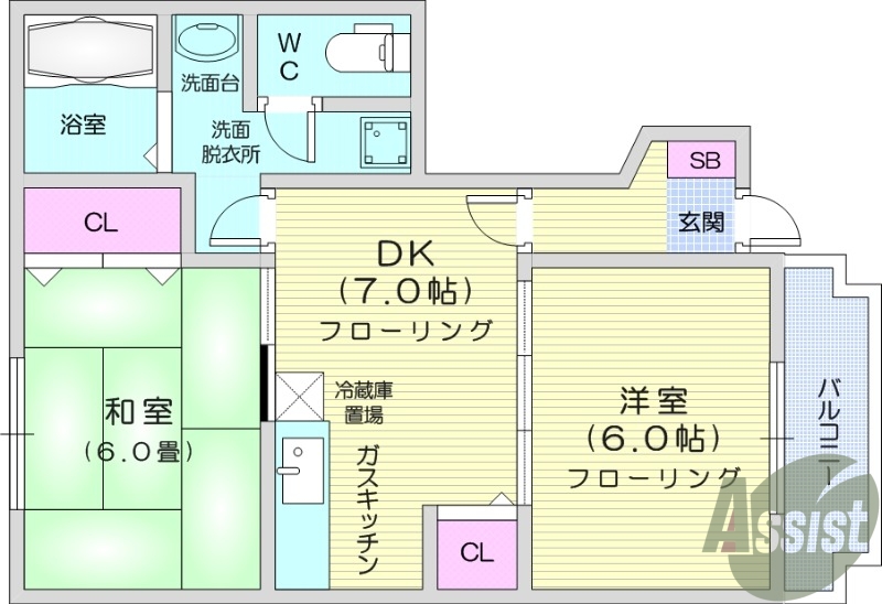 ２DK、エアコン、バストイレ別、