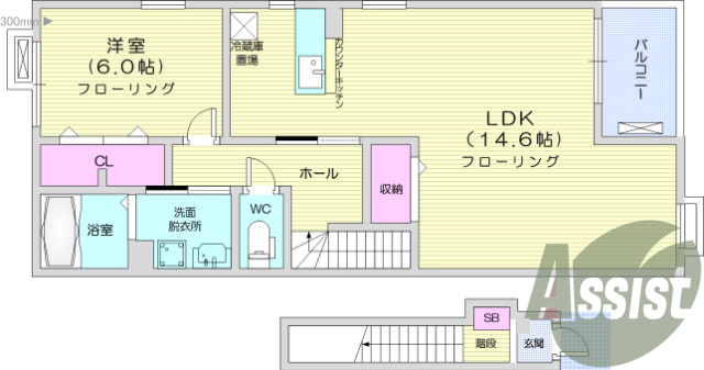 1LDK、南向き開口部、B・T別、浴室乾燥機付き。