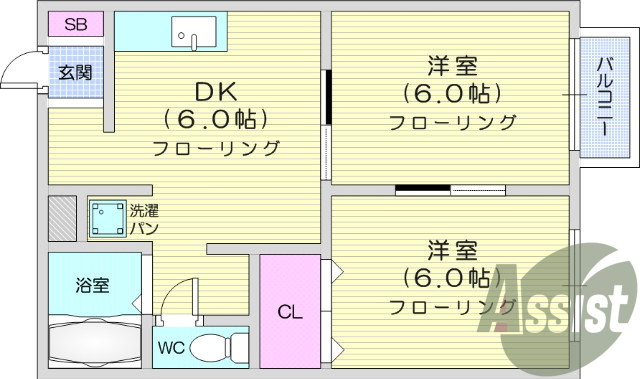 2DK、バストイレ別、南向き開口部、室内洗濯置場
