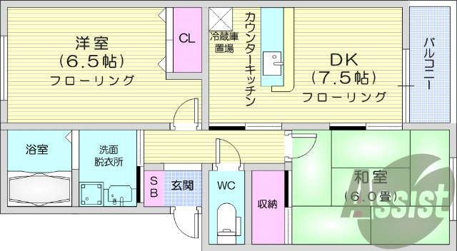 ２DK、駐車場無料、カウンターキッチン、独立洗面台、脱衣所