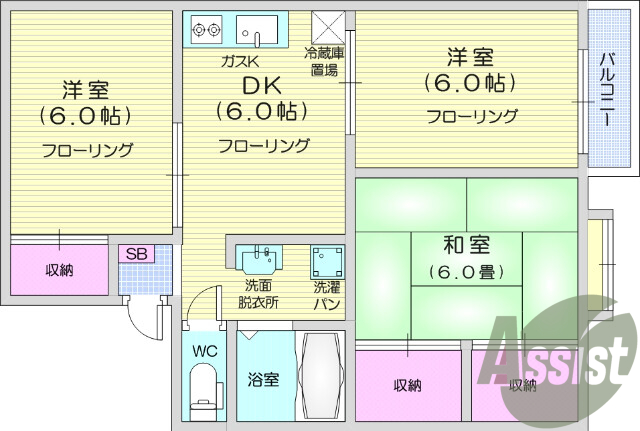 3DK、TV付きインターホン、エアコン、収納充実