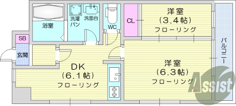 ２DK、エアコン、バルコニー、西向き、洗面所独立