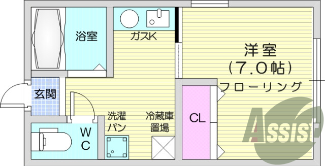 １K、エアコン、温水洗浄便座、シューズボックス、バストイレ別
