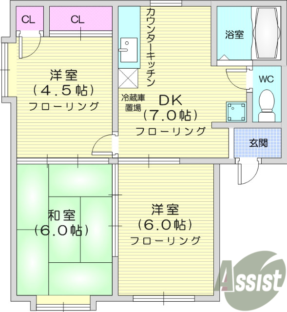 3DK、エアコン、室内洗濯機置場、角部屋