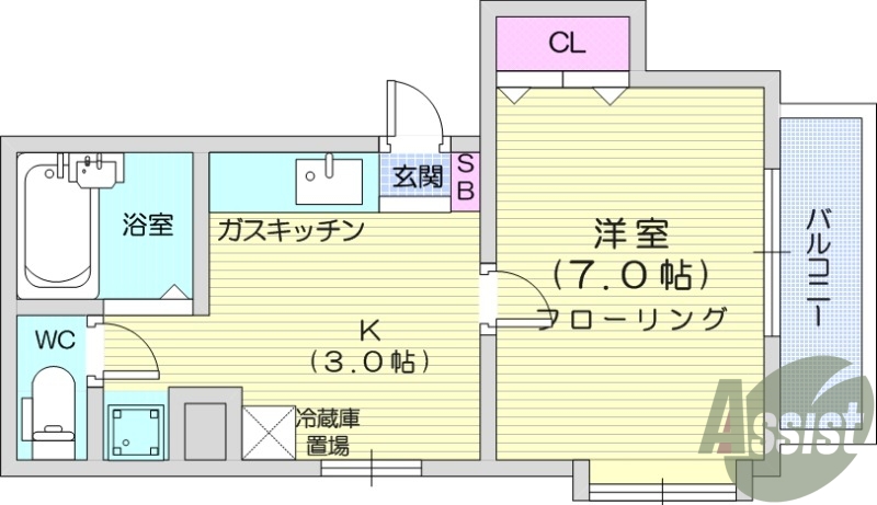 1K、都市ガス、室内洗濯機置場、バストイレ別