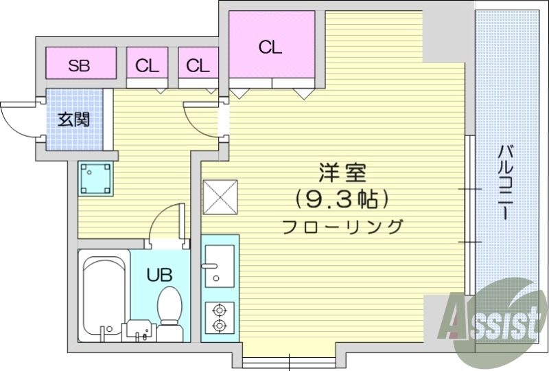 1R、都市ガス、エアコン、バルコニー、TV付インターホン。