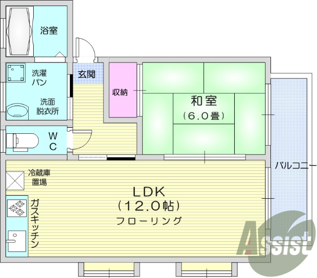1LDK、バストイレ別、エアコン、追い焚き機能あり