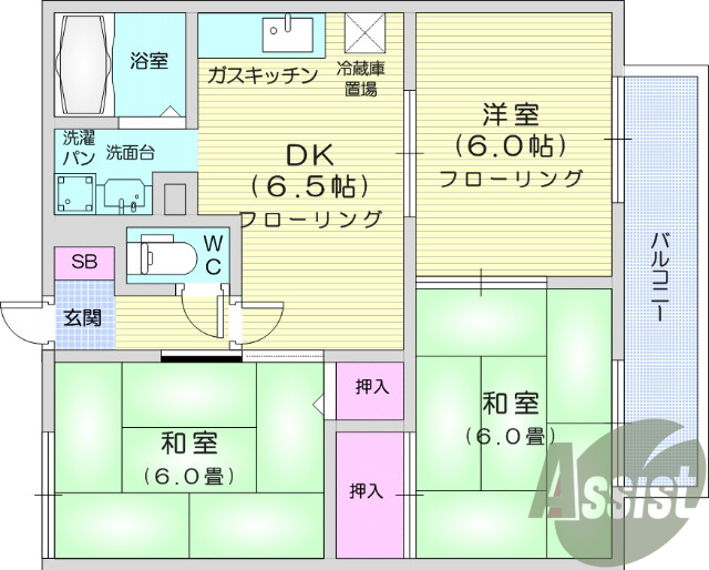 3DK、エアコン、バルコニー、独立洗面台、