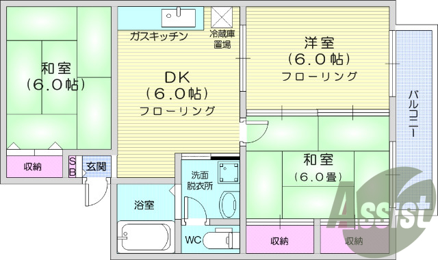 ３DK、エアコン、バルコニー、南向き、駐車場一代無料
