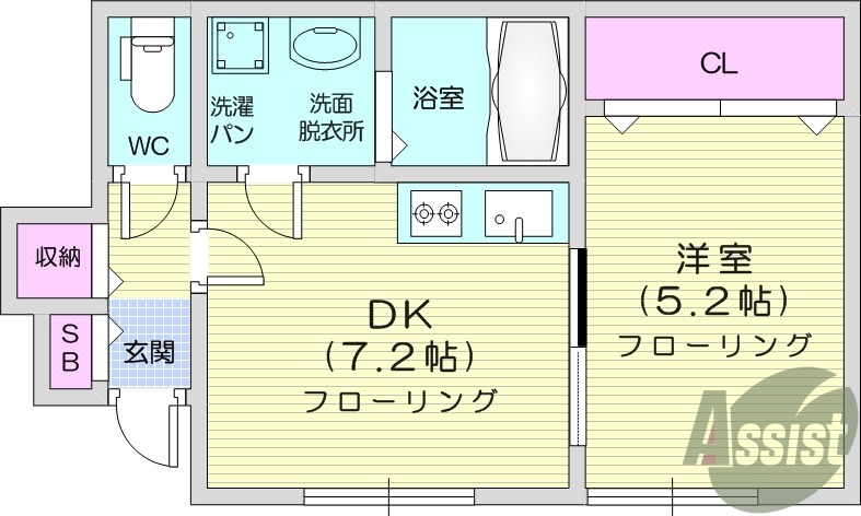 1DK、エアコン、バストイレ別、追い焚き