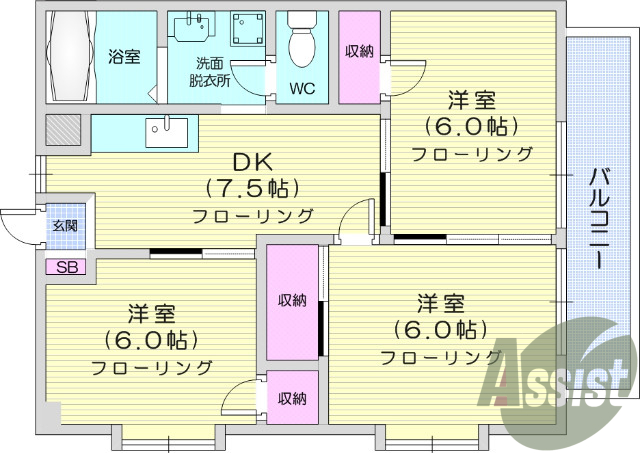 3DK、バストイレ別、陽当たり良好、室内洗濯置場