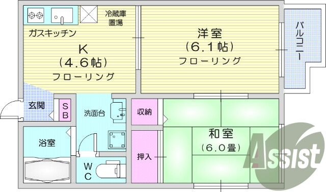 ２K、フローリング、エアコン、クローゼット、バルコニー
