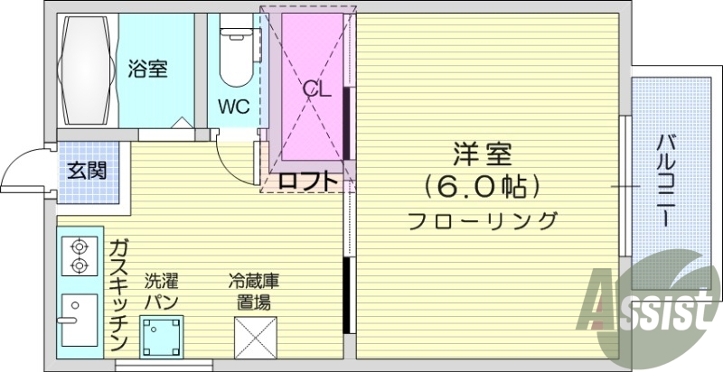 １K、バルコニー、都市ガス、バストイレ別室